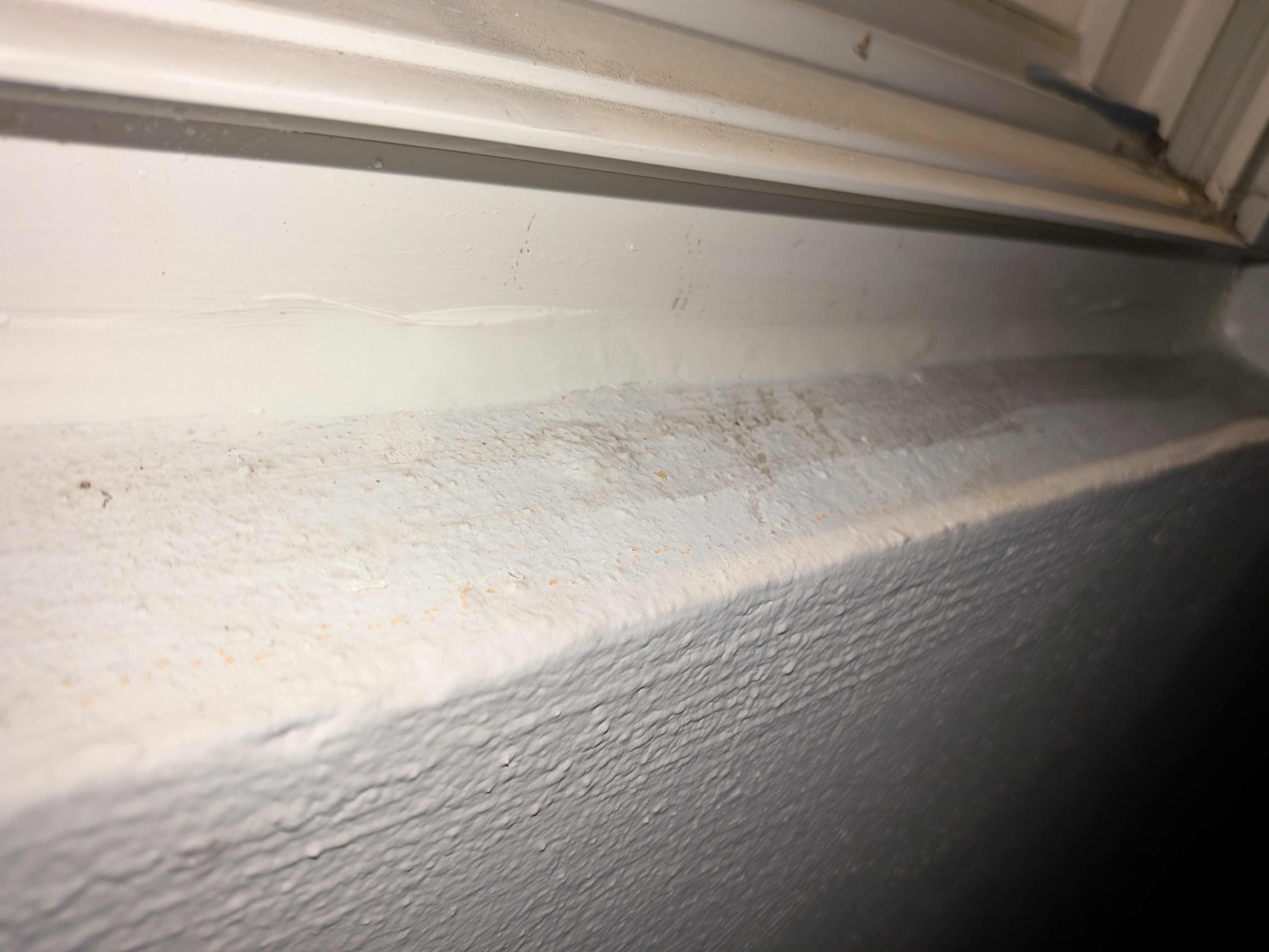 Dusty window sill with debris buildup